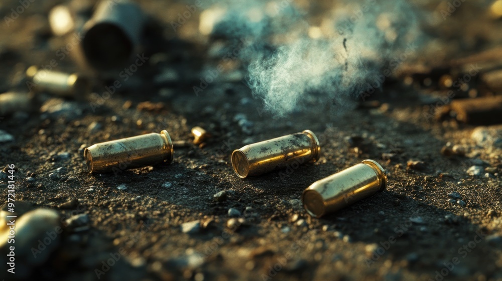 A close-up of spent bullet casings on the ground, with smoke rising in a gritty environment. A close-up of spent bullet casings on the ground, with smoke rising in a gritty environment.