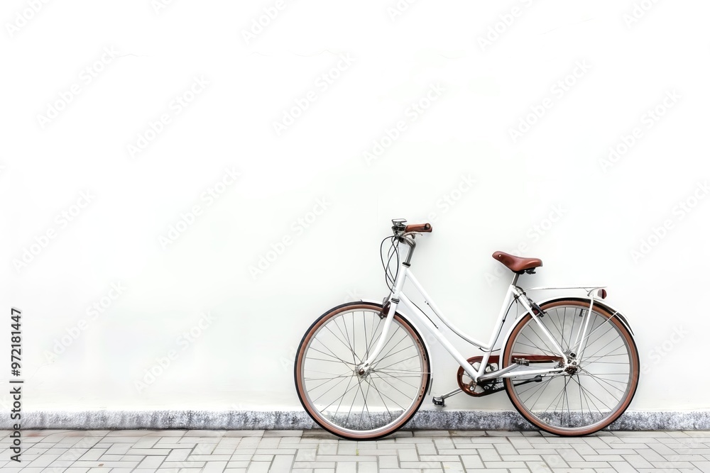 Fototapeta premium A minimalist white bicycle parked against a plain wall, showcasing simplicity and elegance in urban transportation.