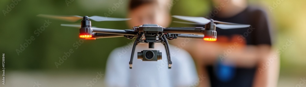 A close-up of a modern drone with spinning propellers, showcasing its sleek design in an outdoor setting with blurred figures in background. A close-up of a modern drone with spinning propellers, showcasing its sleek design in an outdoor setting with blurred figures in background.