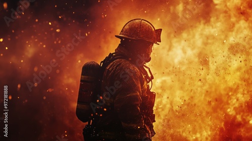 A firefighter in full gear stands silhouetted against a blaze, with flames and sparks flying.