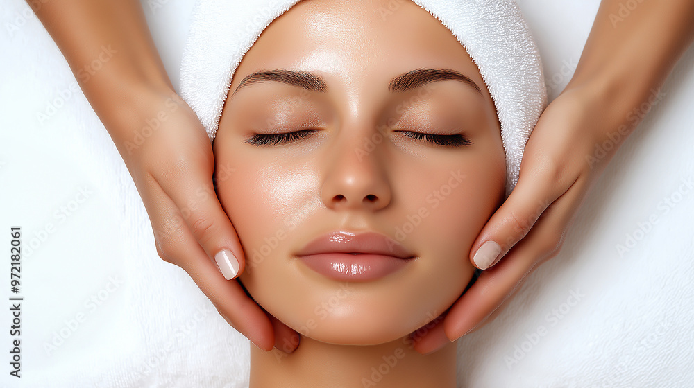 Radiant Woman Receiving Relaxing Facial Massage on White Background Radiant Woman Receiving Relaxing Facial Massage on White Background