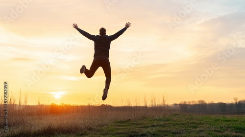 A person joyfully leaps into the air against a stunning sunset backdrop, embodying freedom and happiness in nature.