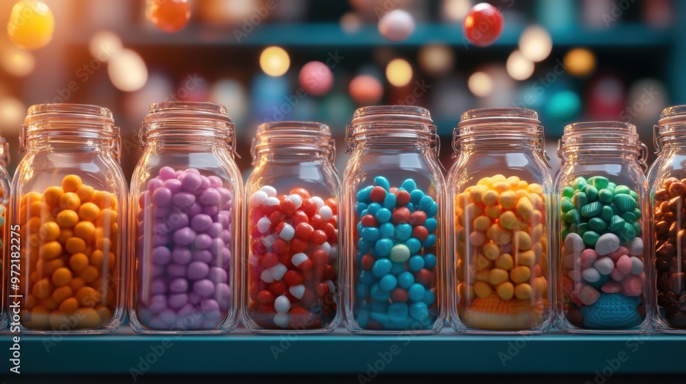 A candy shop brimming with jars of brightly colored sweets A candy shop brimming with jars of brightly colored sweets