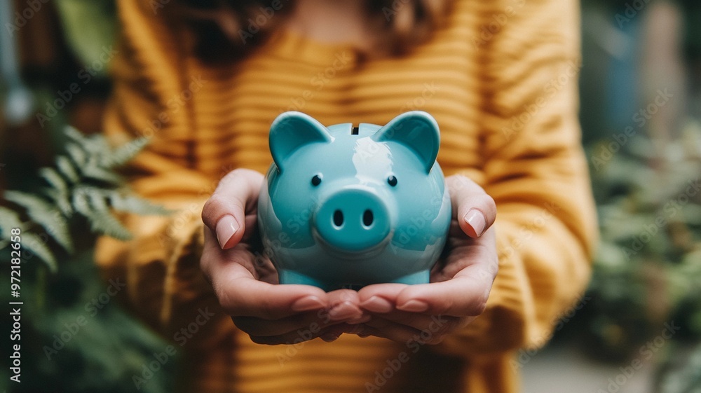 Close-up image of a woman holding a blue piggy bank, documentary-style, emphasizing personal savings and financial responsibility.
