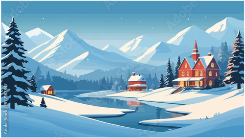 Christmas winter landscape of forests and mountains, vector illustration