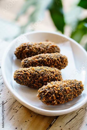 Squid ink croquettes, Sant Cugat del Vallès, (Vallès Occidental), Catalonia, Spain photo