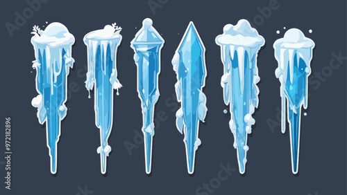 Set of hanging icicles shiny and glass in winter, vector illustration