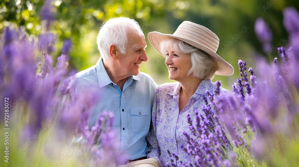 Happy senior couple walking in lavender field and holding picnic basket.