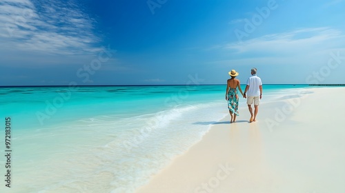 Rear view of senior couple holding hands while walking on tropical beach