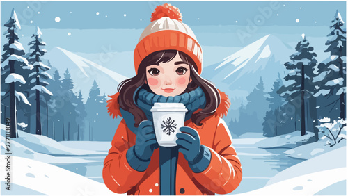 Cute girl in winter dress with cup and snowy winter background, vector illustration
