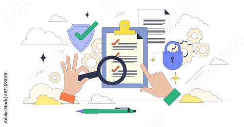 Security lifecycle review for protection checkup tiny neubrutalism concept, transparent background. Company systems and database safety monitoring using cloud based software illustration.