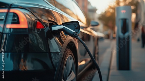 Close-up of an electric vehicle plugged into a charging station, symbolizing eco-friendly transportation and clean energy technology.
 photo