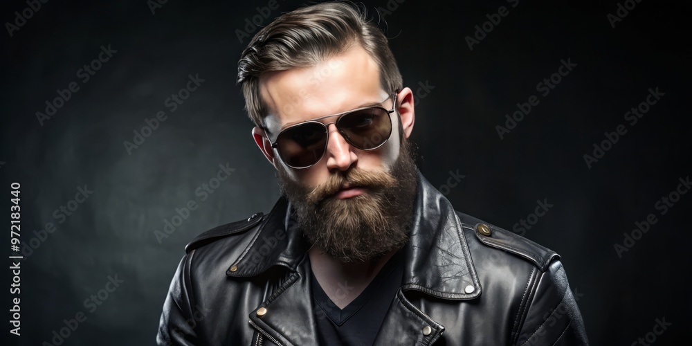 The young bearded rapper exudes an edgy vibe wearing a black leather jacket, sunglasses, and an air of The young bearded rapper exudes an edgy vibe wearing a black leather jacket, sunglasses, and an air of