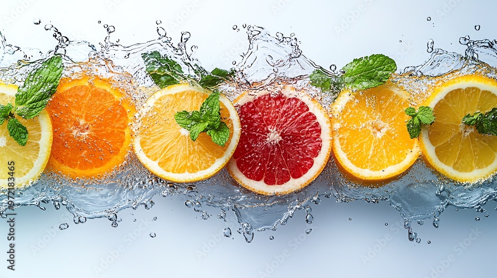 Fresh Citrus Fruits with Mint Leaves Splashing in Water. Fresh Citrus Fruits with Mint Leaves Splashing in Water.