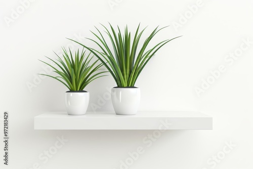 Modern interior featuring two decorative plants on a white shelf, creating a fresh and stylish ambiance.