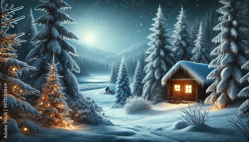 Fototapeta premium Cozy Cabin in Snowy Forest with Christmas Lights
