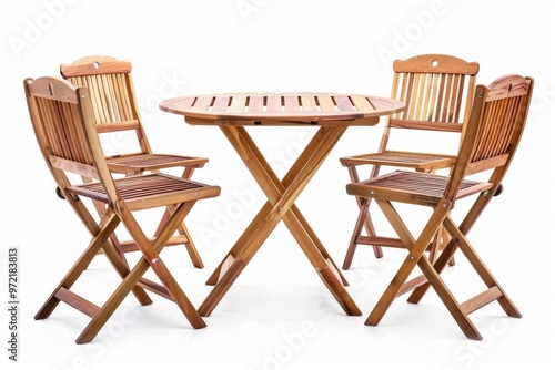 Stylish wooden dining set featuring a round table and two folding chairs, perfect for outdoor gatherings or cozy dining.