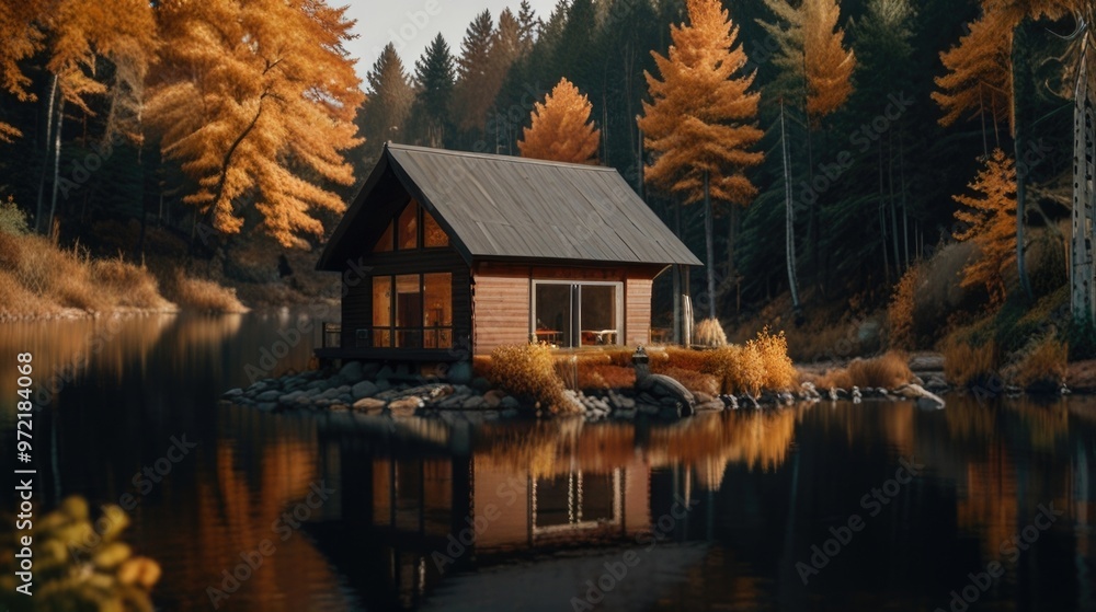 Modern Cabin near the lake and autumn forest with water reflection Modern Cabin near the lake and autumn forest with water reflection