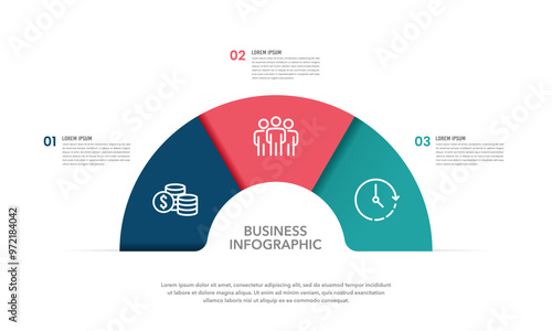 Semicircle infographic design template 3 options. Business presentation, management, workflow, strategy and planning. Vector illustration.