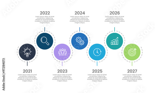 Infographic design template with 7 timelines and colorful circles. Business presentation, milestones, workflow, strategy and planning. Vector illustration.