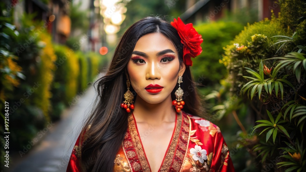This Asian transgender woman exudes confidence and poise, her authentic identity and style shining bright like a beacon This Asian transgender woman exudes confidence and poise, her authentic identity and style shining bright like a beacon
