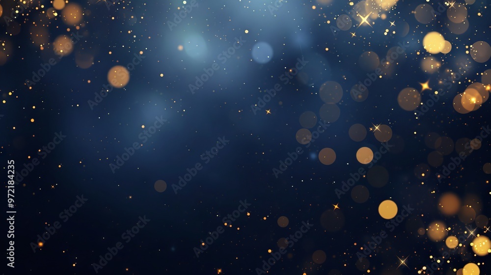 Fototapeta premium Abstract dark blue and gold particle background with Christmas golden light bokeh, shining particles on navy blue, gold foil texture, festive holiday concept