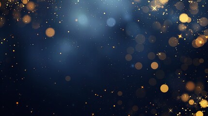 Abstract dark blue and gold particle background with Christmas golden light bokeh, shining particles on navy blue, gold foil texture, festive holiday concept
