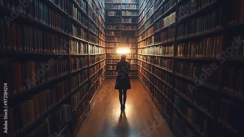 A person alone in a dimly lit library late at night, scanning a row of books with focused intensity, warm light from a lamp casting a soft glow on the scene,