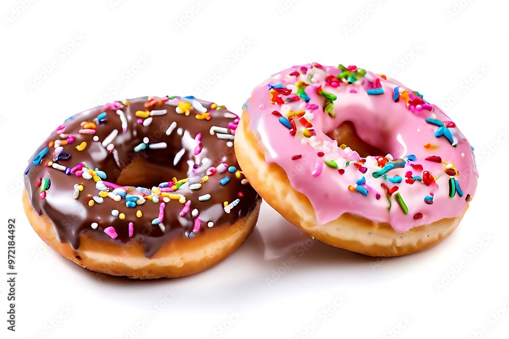 Chocolate and Pink Glazed Donuts with Sprinkles. Chocolate and Pink Glazed Donuts with Sprinkles.