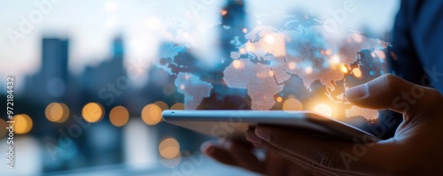 A person uses a tablet, showcasing a digital world map interface with city lights in the background, representing global connectivity. photo