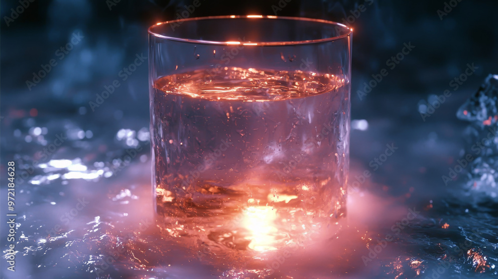 A glass of water with a red glow, set on a bed of ice with mist. A glass of water with a red glow, set on a bed of ice with mist.