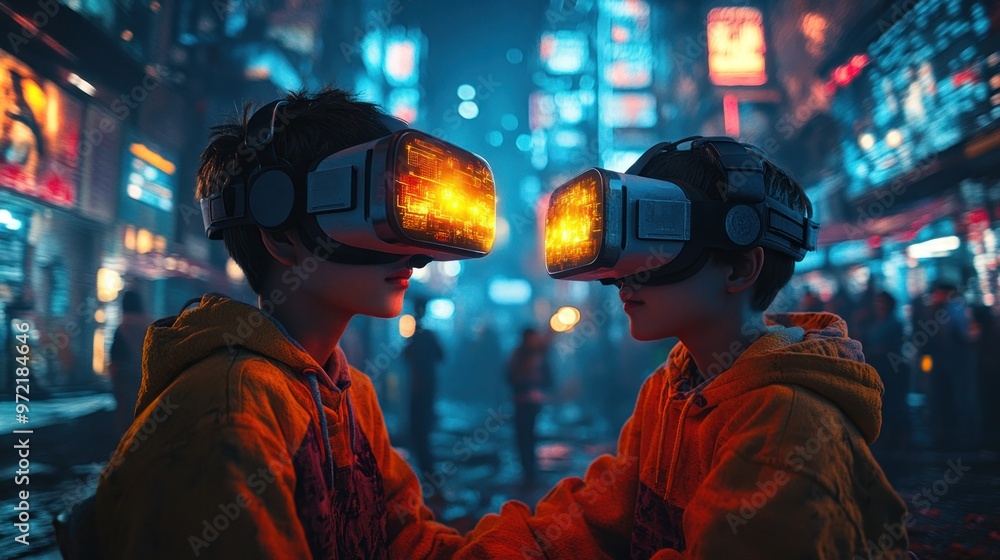 Two children wearing VR headsets in a vibrant, neon-lit city. Two children wearing VR headsets in a vibrant, neon-lit city.