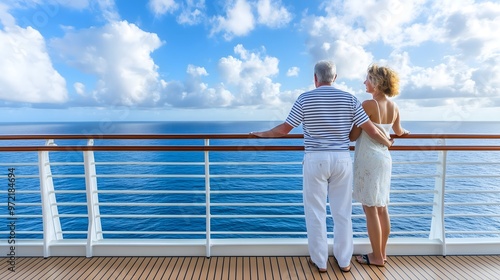 Senior couple travel wealth freedom concept. Rear view of senior couple standingof cruise ship and looking at sea