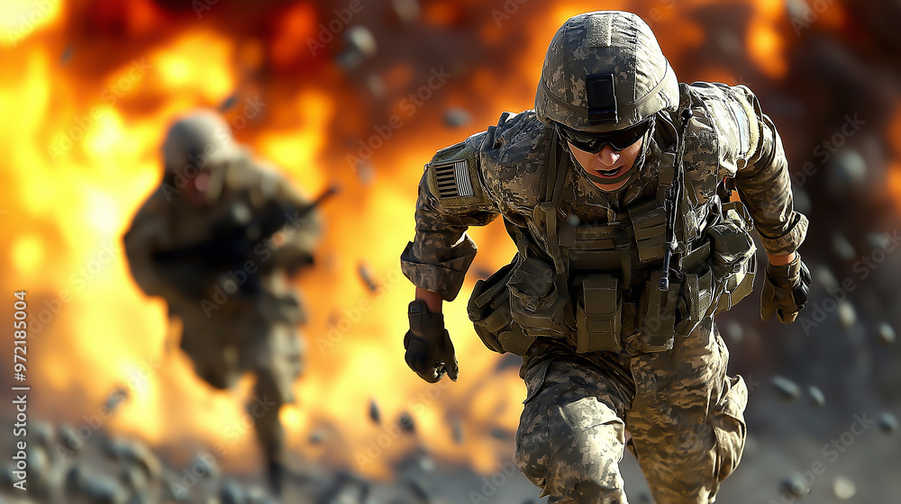 Soldiers Advancing Amid Battlefield Explosion and Aerial Assault Soldiers Advancing Amid Battlefield Explosion and Aerial Assault