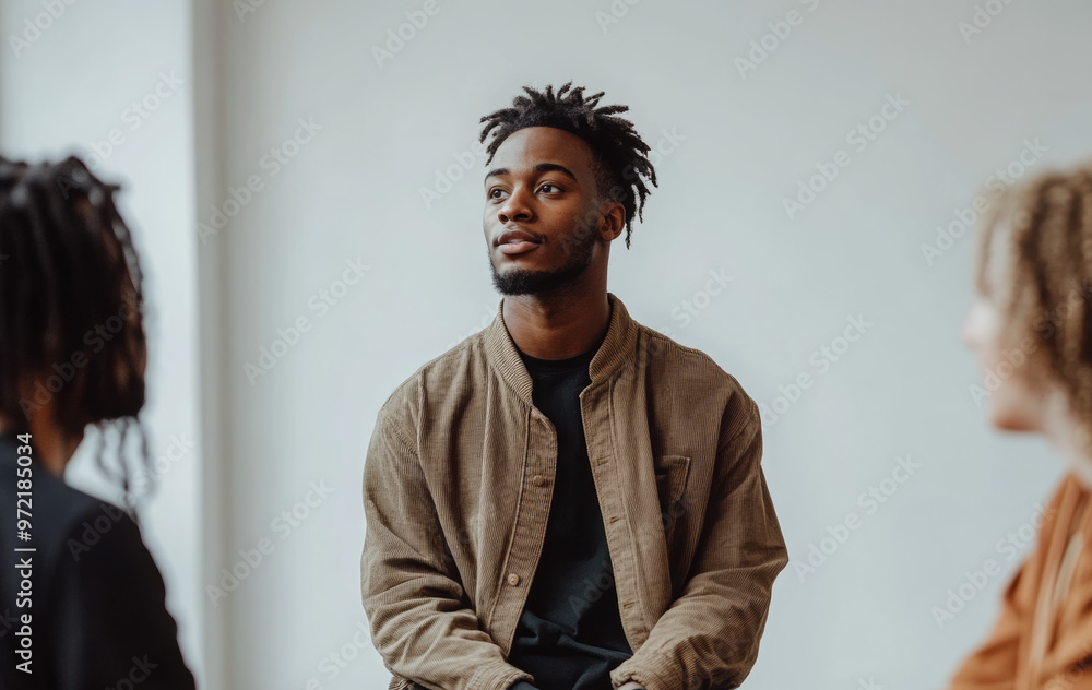 Obraz premium A photograph of an African American man in his late thirties, sitting down, wearing black pants and a brown shirt, talking to two people who appear to be listening intently.