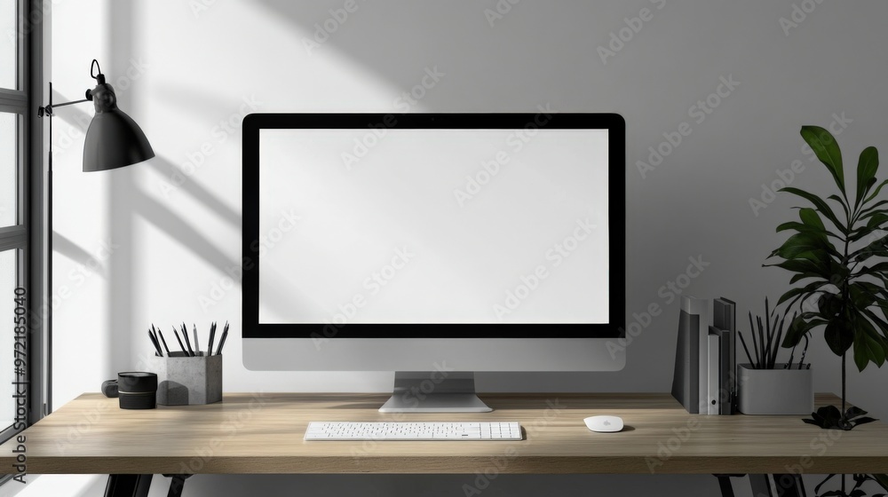 A modern workspace featuring a clean desk, computer, lamp, and plant, perfect for productivity and creativity. A modern workspace featuring a clean desk, computer, lamp, and plant, perfect for productivity and creativity.
