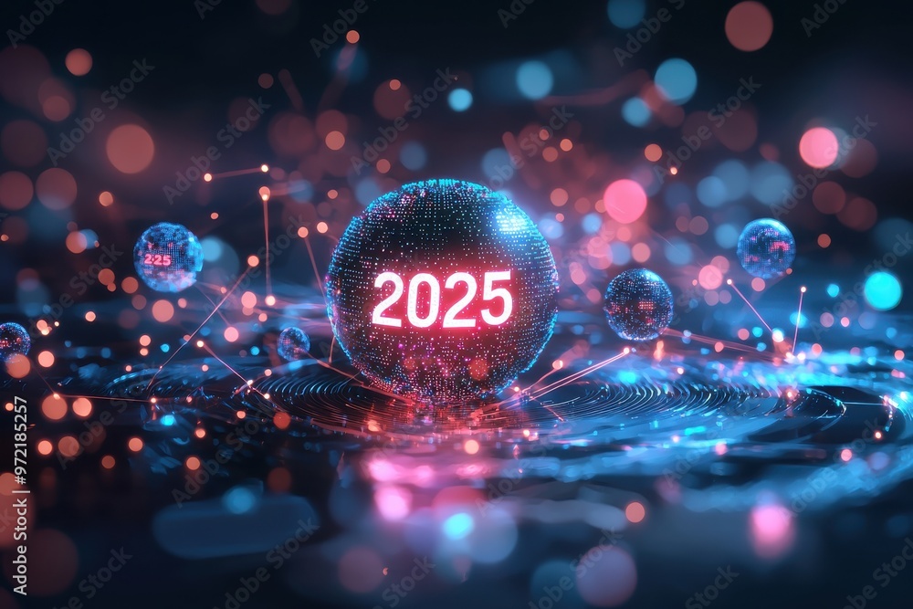 Futuristic 2025 crystal ball with glowing digital display and colorful bokeh lights Futuristic 2025 crystal ball with glowing digital display and colorful bokeh lights
