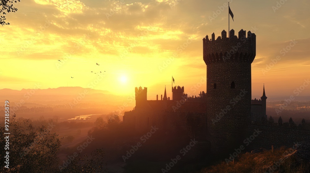 A majestic castle silhouette against a vibrant sunset backdrop. A majestic castle silhouette against a vibrant sunset backdrop.