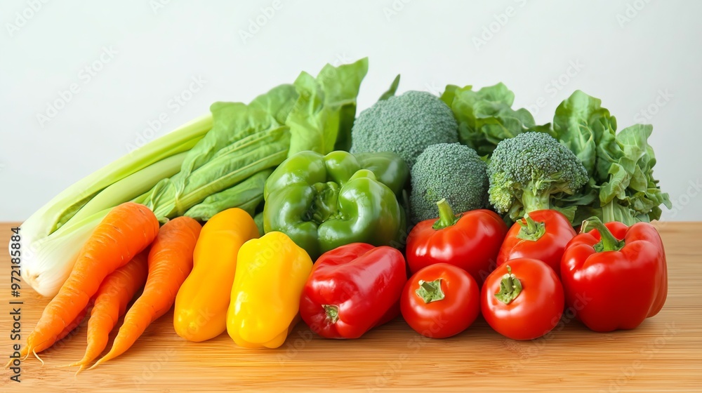 A variety of colorful vegetables arranged on a wooden surface, including carrots, peppers, broccoli, spinach, and tomatoes. A variety of colorful vegetables arranged on a wooden surface, including carrots, peppers, broccoli, spinach, and tomatoes.