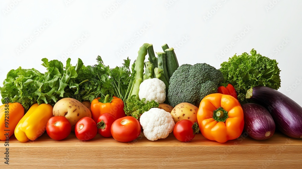A colorful variety of fresh vegetables arranged on a wooden table. A colorful variety of fresh vegetables arranged on a wooden table.