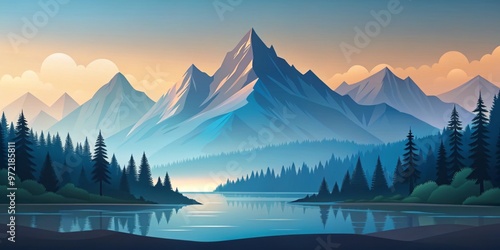 Towering mountain peaks loom over a peaceful landscape, presented in a sleek and modern SVG vector graphic, exuding photo