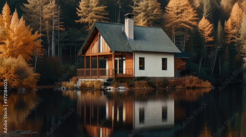 Modern Cabin near the lake and autumn forest with water reflection Modern Cabin near the lake and autumn forest with water reflection