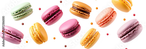 Colorful of macarons floating in the air isolated white background photo