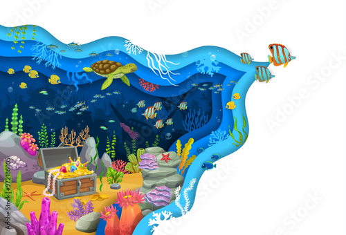 Paper cut sea underwater landscape with pirates treasure chest, vector cartoon poster. Ocean undersea and coral reef papercut landscape with sunken ship boat and treasure chest of Caribbean pirates