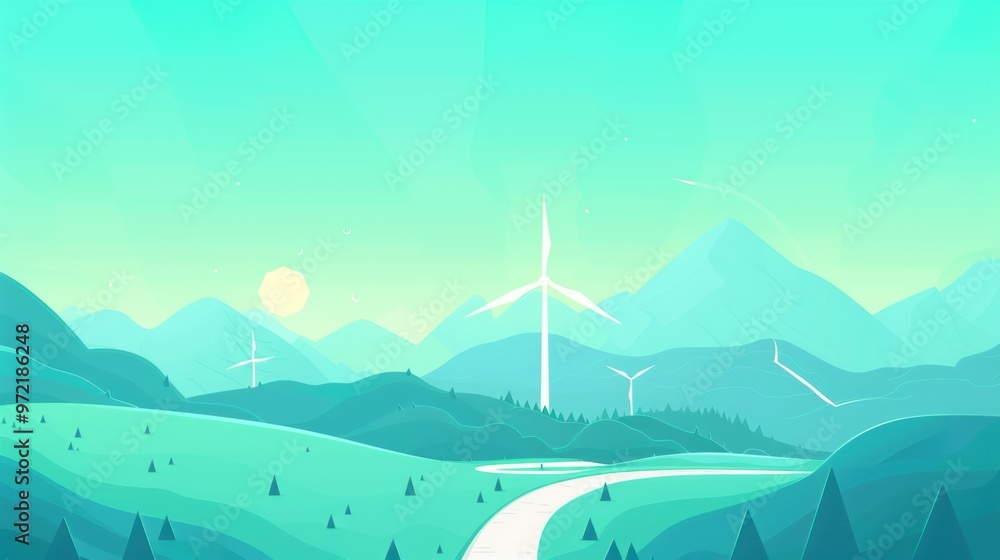 Plateau environment, blue-green tone, clear sky, mountain peaks, wind power generation equipment, curved road, flat illustration style. Plateau environment, blue-green tone, clear sky, mountain peaks, wind power generation equipment, curved road, flat illustration style.