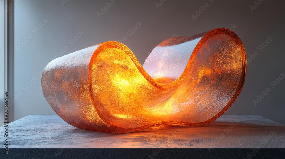 Abstract glass sculpture with a glowing orange center. Abstract glass sculpture with a glowing orange center.