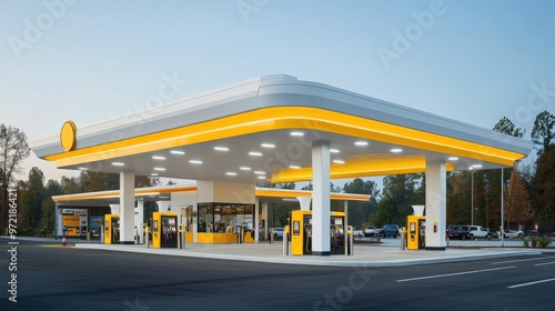 A modern gas station with bright lighting and sleek design, perfect for depicting convenience and urban travel.