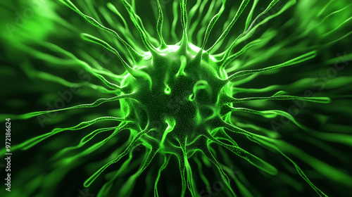 Abstract representation of Sloth Fever virus spreading with swirling digital lines and vibrant green nodes  photo