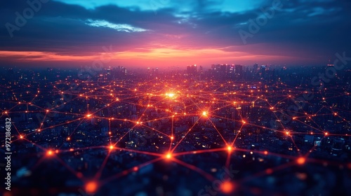 A digital network overlaying a cityscape at sunset.