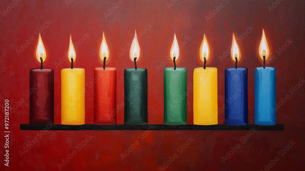 Artistic depiction of the seven Kwanzaa candles against a textured canvas background, painted with warm tones Artistic depiction of the seven Kwanzaa candles against a textured canvas background, painted with warm tones